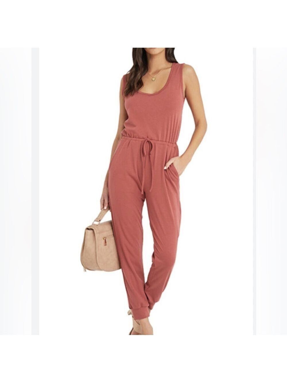 Michael stars sleeveless cotton rust orange drawstring jumpsuit size small